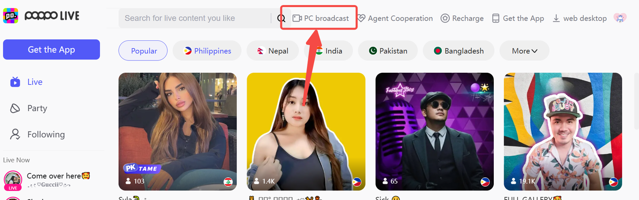 PC live streaming interface