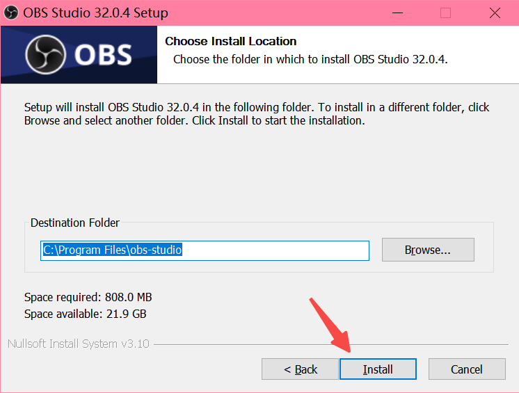 Select the OBS installation path