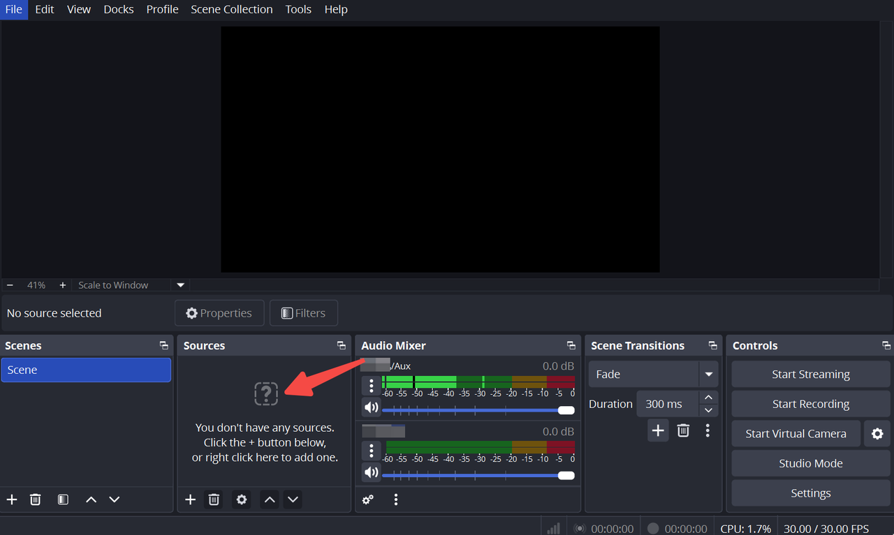Right-click to add a source in OBS