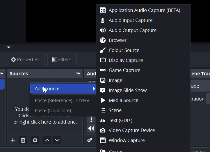 Choosing source materials in OBS