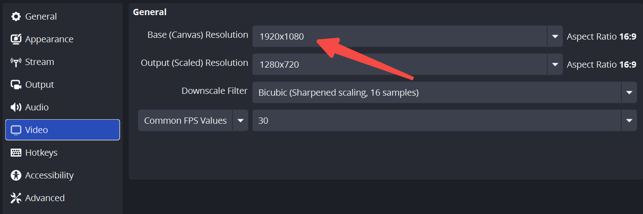 Setting up resolution in OBS