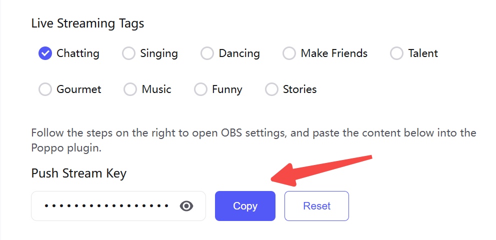 Copying your personal Poppo streaming code